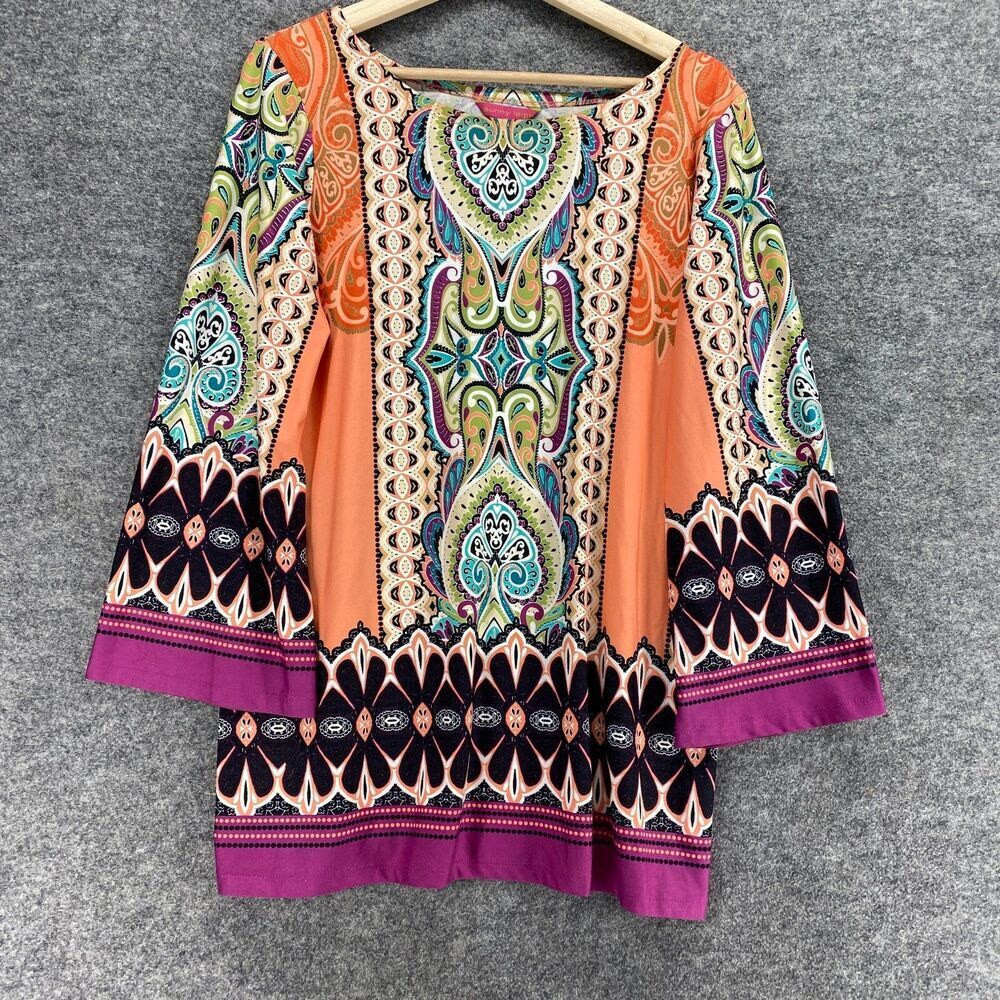 Sunny Leigh Blouse Women L Large Orange Geometric Long Sleeve Round Neck Rayon